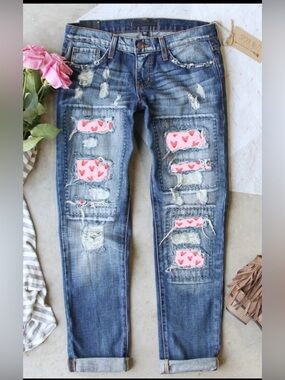 Women’s Distressed Blue Denim Jeans with Pink Heart Patch Accents